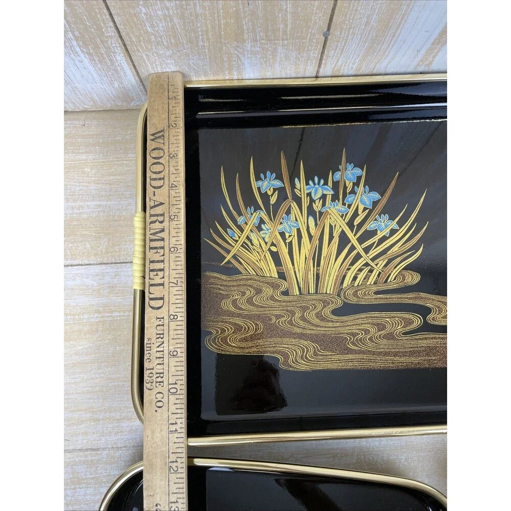 Vintage 3 Pc Nesting Serving Tray Set Lacquerware Iris Black & Gold Toyo Japan
